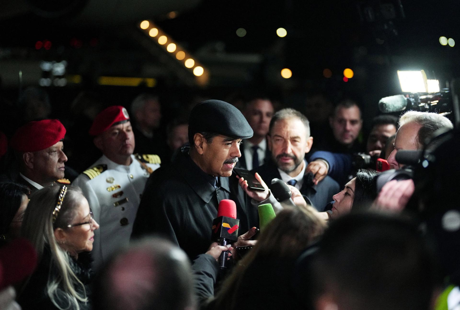 Venezuela’s President Nicolas Maduro speaks to the media upon arrival to participate in the BRICS summit, at Kazan Airport, Russia October 22, 2024.