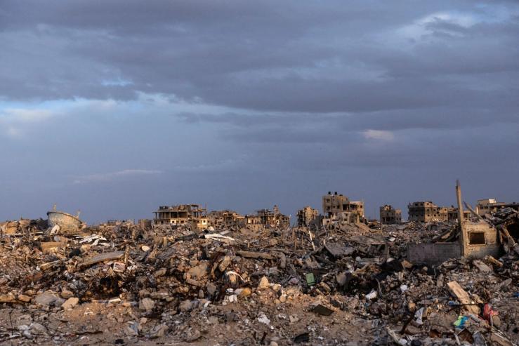Buildings lie in ruins amidst the rubble in Rafah.