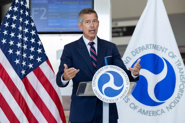 US Transportation Secretary Sean Duffy speaks at Philadelphia International Airport.