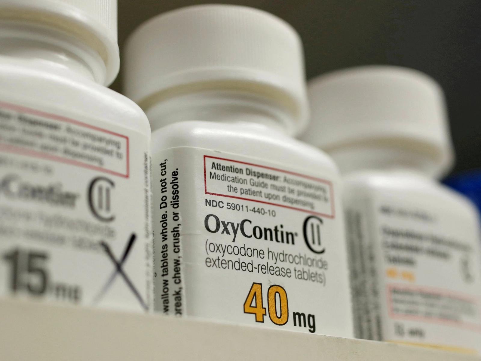Bottles of prescription painkiller OxyContin made by Purdue Pharma LP sit on a shelf at a local pharmacy in Provo, Utah