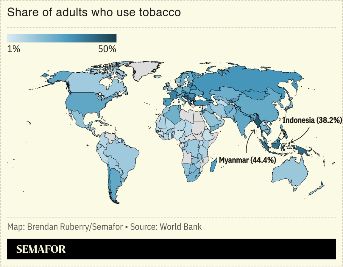 Map showing share of adults who use tobacco globally