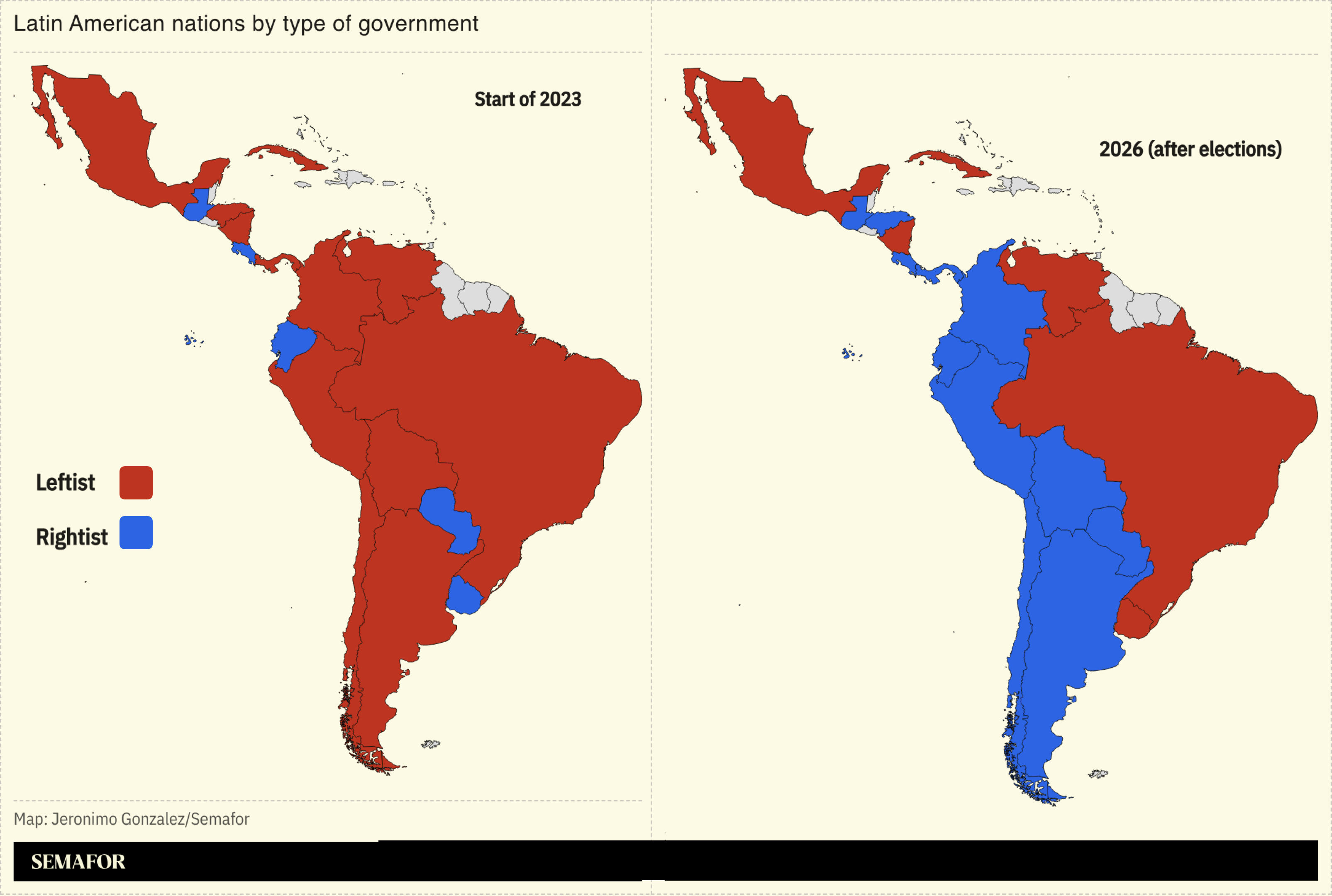 A map showing LatAm nations by type of government. 