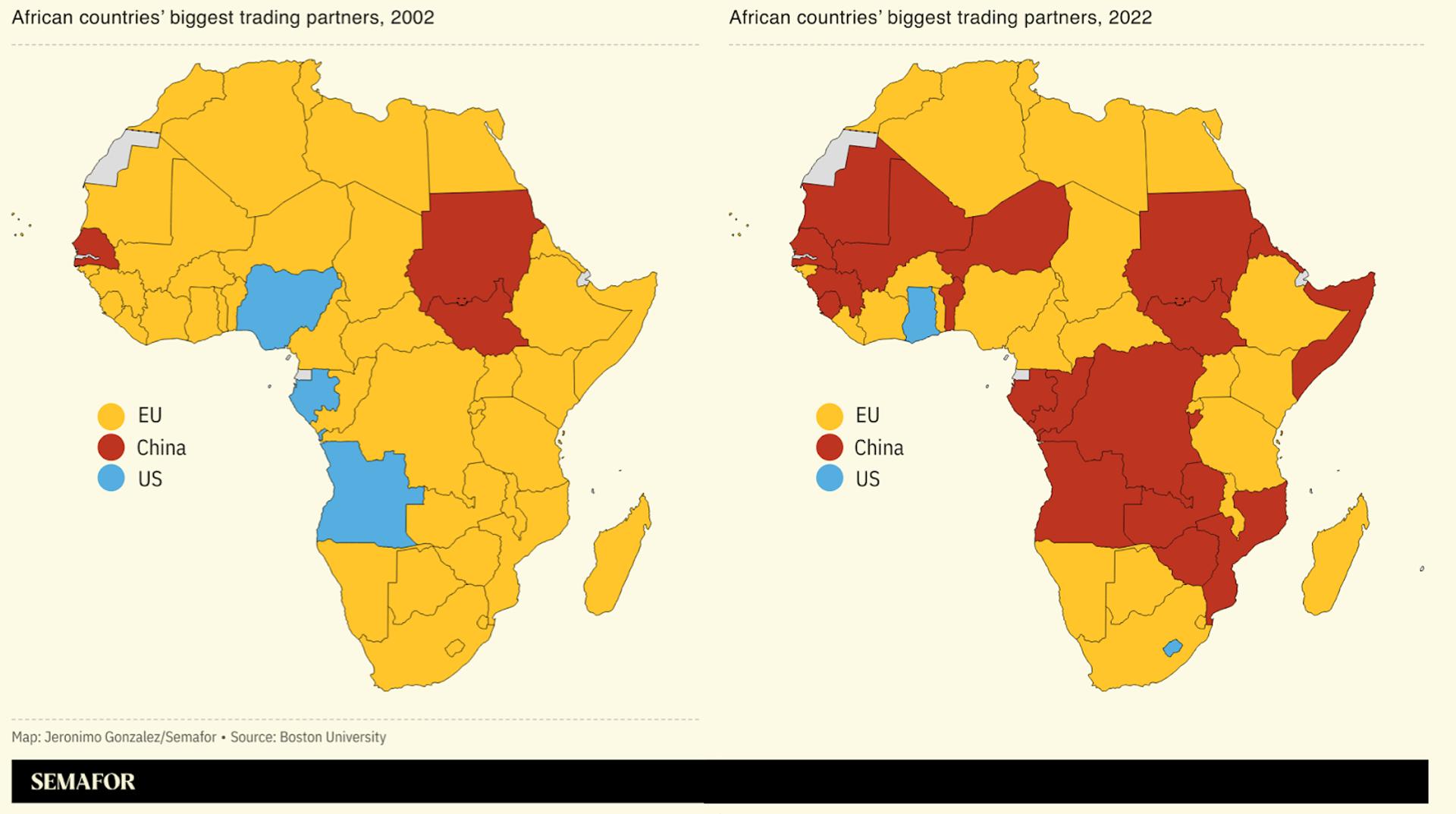 Two chloropleth maps comparing African countries’ biggest trading partners in 2002 and 2022