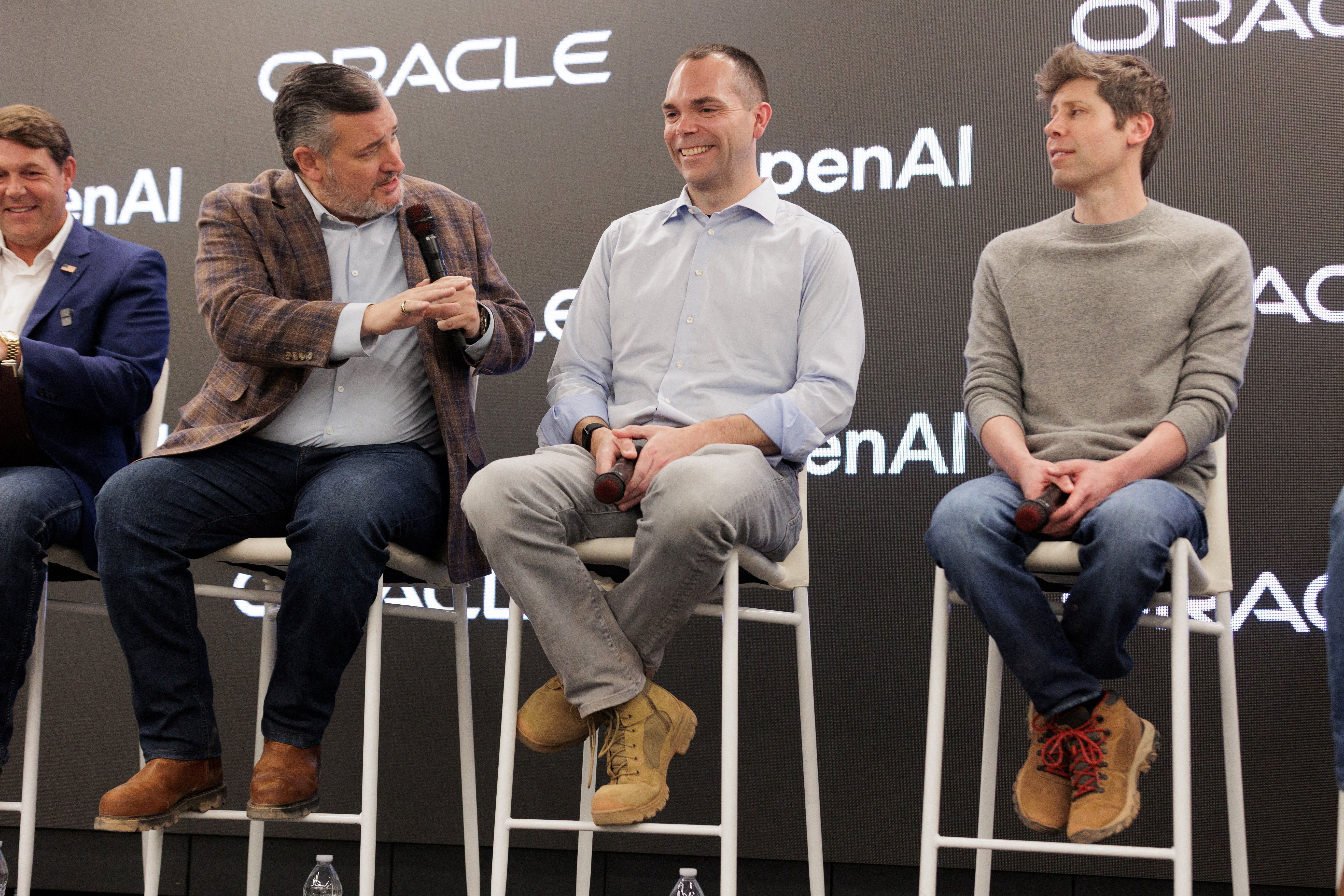 Sen. Ted Cruz, R-Tex., speaks to Oracle CEO Clay Magouyrk and OpenAI CEO Sam Altman at a Q&A following a tour of the OpenAI data center in Texas in September.