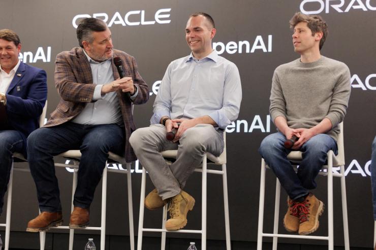 Sen. Ted Cruz, R-Tex., speaks to Oracle CEO Clay Magouyrk and OpenAI CEO Sam Altman at a Q&A following a tour of the OpenAI data center in Texas in September.