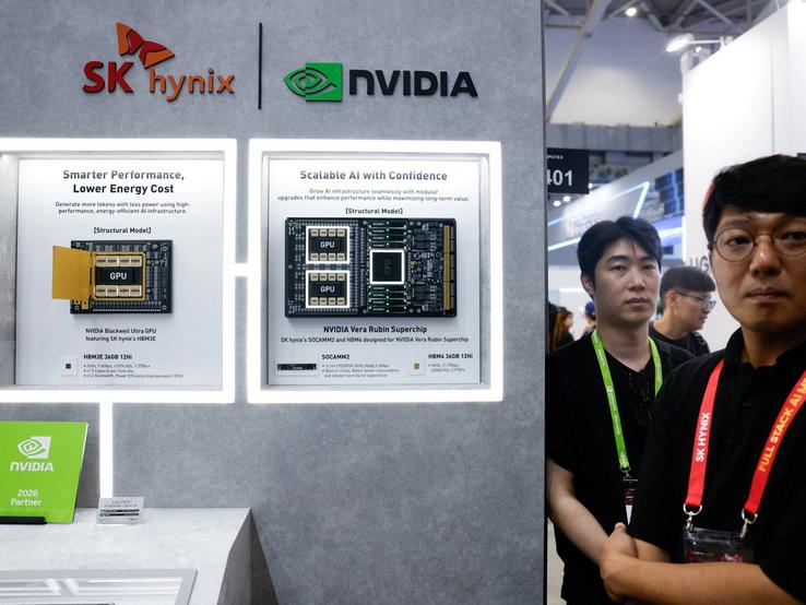 Displays featuring SK Hynix and NVIDIA AI memory and chip technologies at the SK Hynix booth during the annual Computex exhibition in Taipei, Taiwan, June 2, 2026.