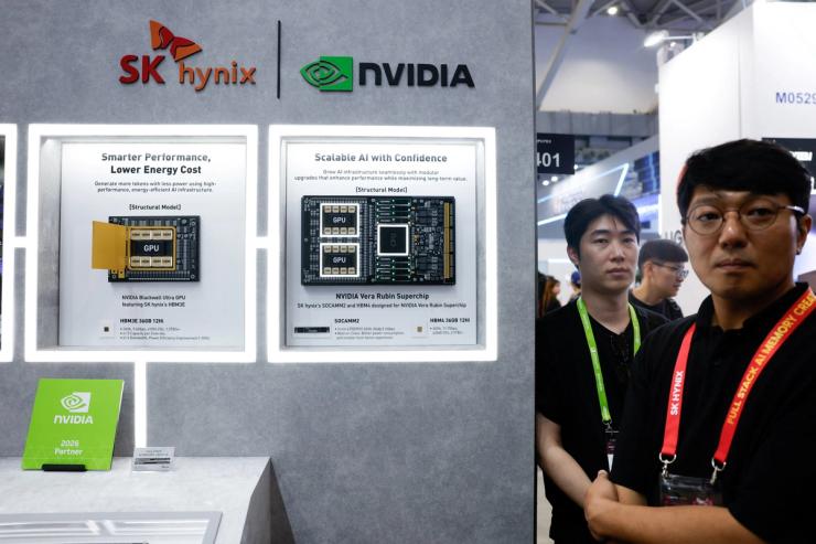 Displays featuring SK Hynix and NVIDIA AI memory and chip technologies at the SK Hynix booth during the annual Computex exhibition in Taipei, Taiwan, June 2, 2026.