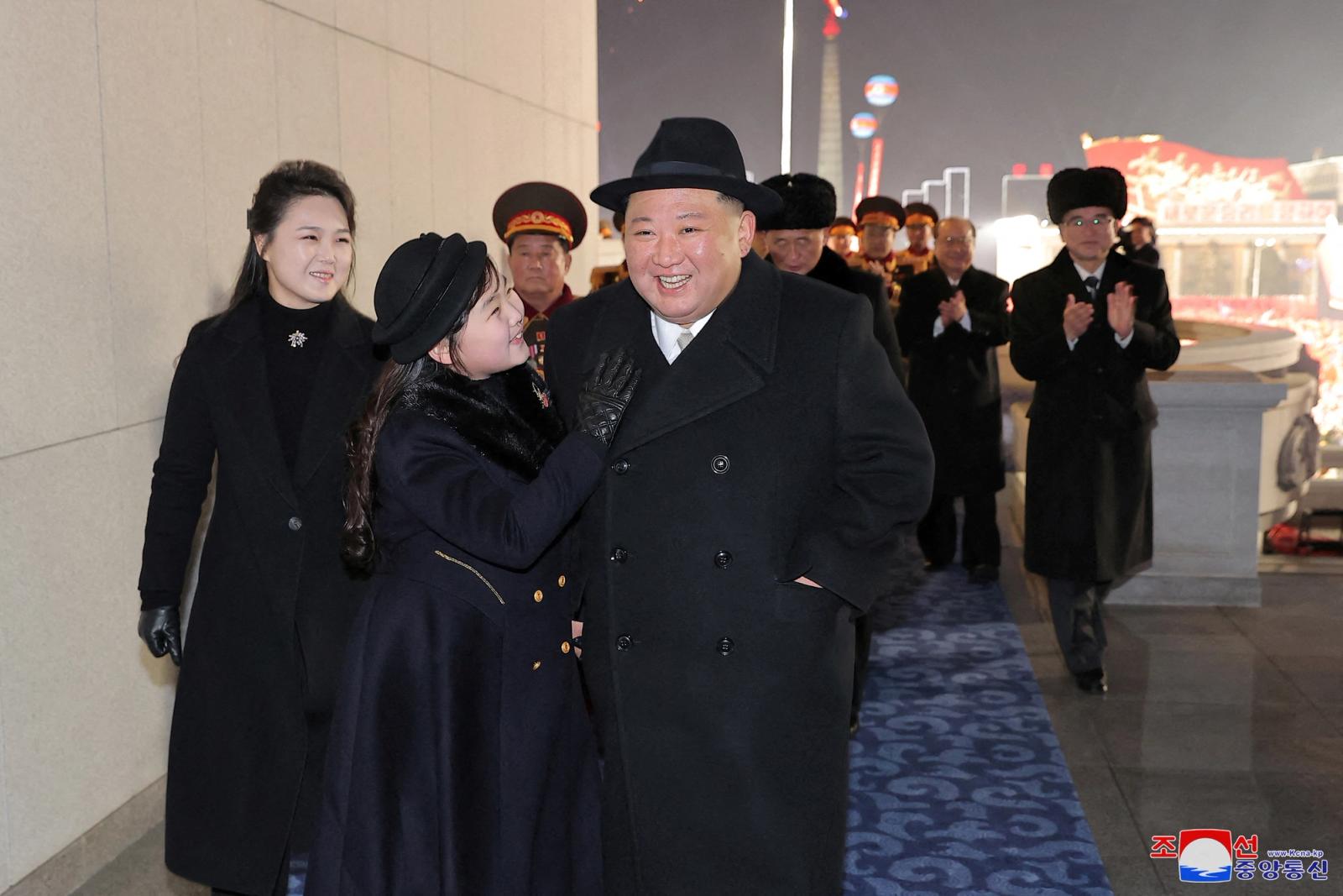 North Korean leader Kim Jong Un, his wife Ri Sol Ju and their daughter Kim Ju Ae attend a military parade to mark the 75th founding anniversary of North Korea's army, at Kim Il Sung Square in Pyongyang, North Korea February 8, 2023,