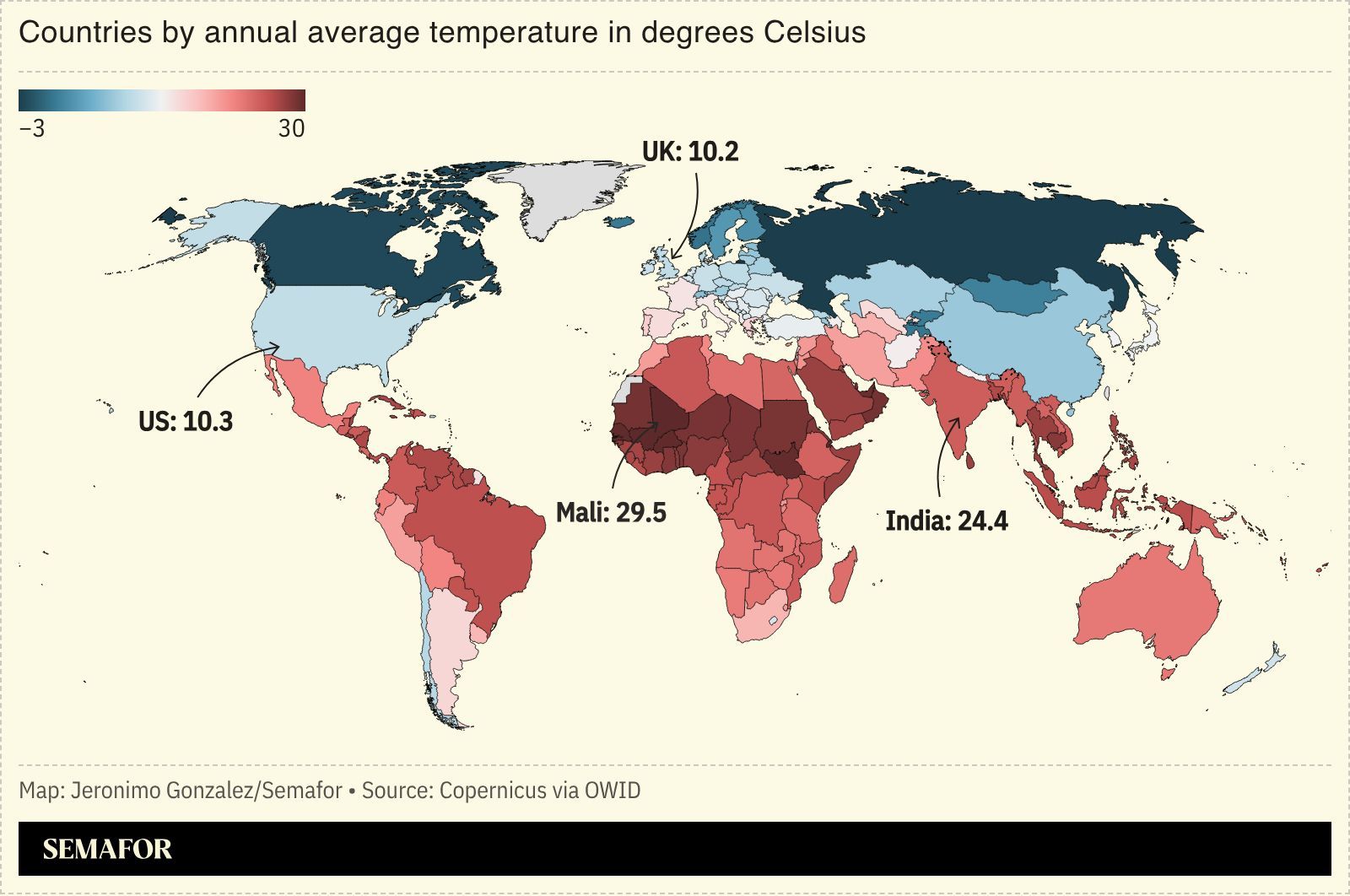 A chart showing countries by their average annual temperatures in degrees Celsius.