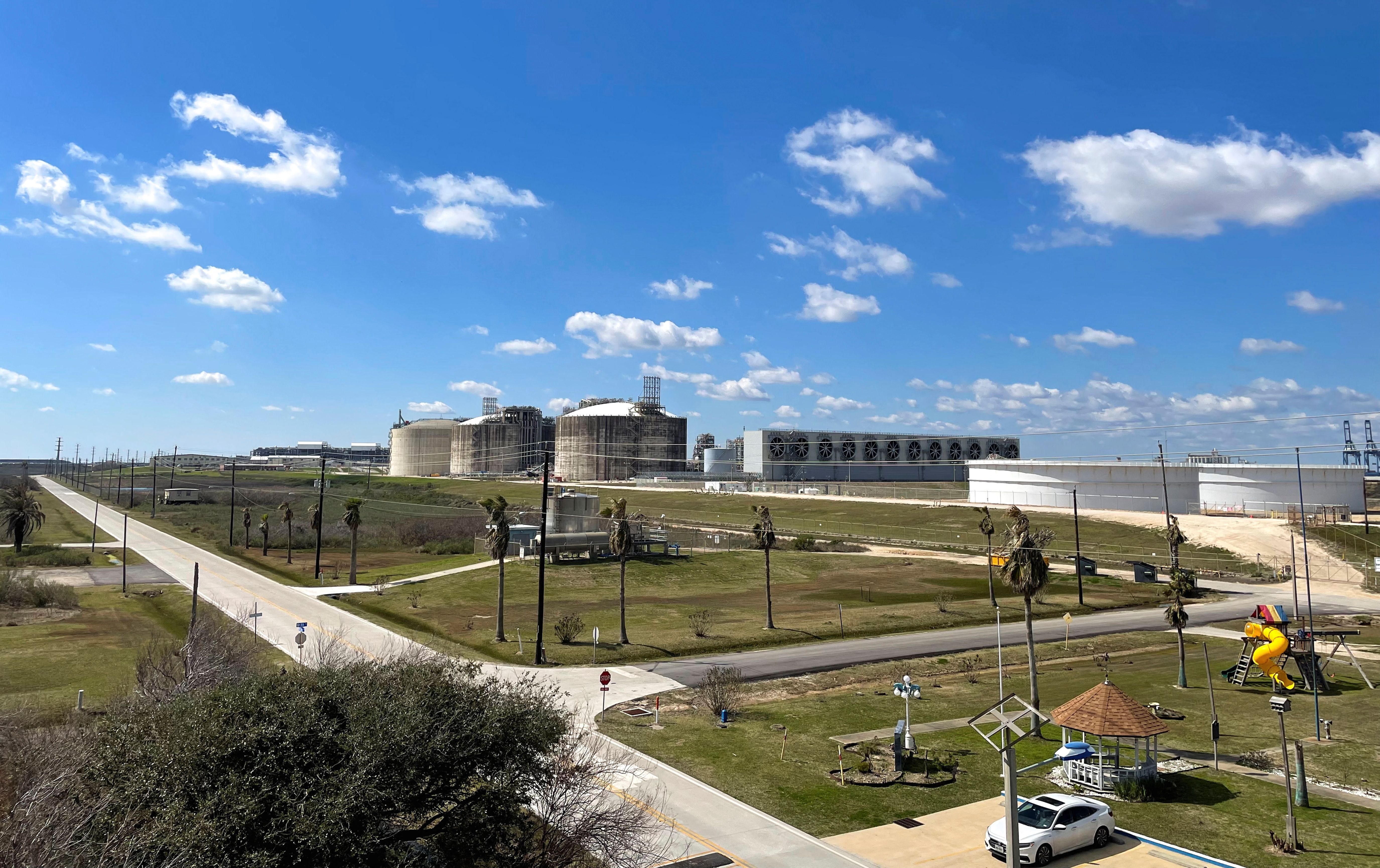 Storage tanks and gas-chilling units are seen at Freeport LNG in Freeport, Texas