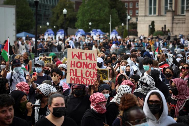 Pro-Palestinian demonstrators gather on the campus of Columbia University, on the one-year anniversary of Hamas’ October 7 attack, amid the ongoing Israel-Hamas conflict, in New York City, U.S., October 7, 2024.