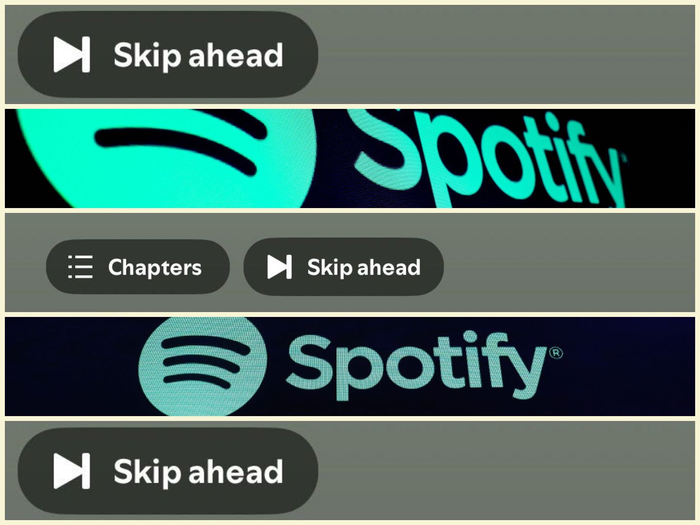 A screenshot of the Skip Ahead button and Spotify logo 