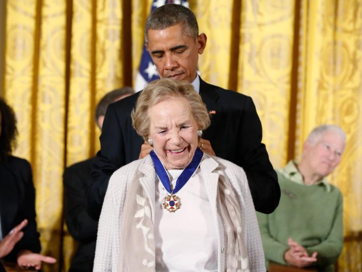 U.S. President Barack Obama presents the Presidential Medal of Freedom to Ethel Kennedy.