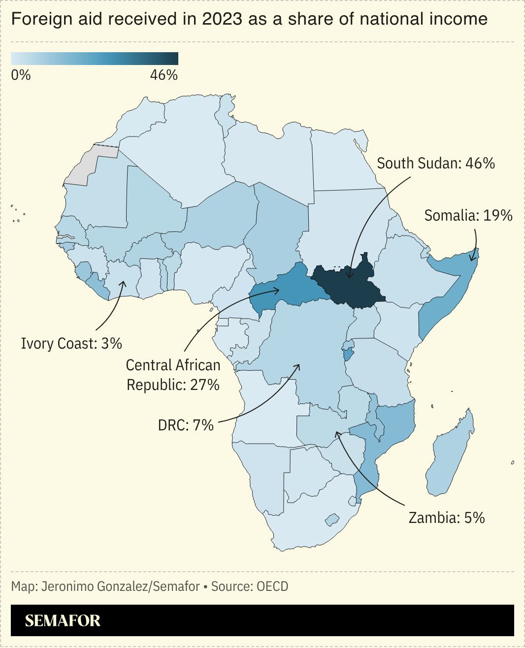A map showing foreign aid received as a share of national income for several nations. 