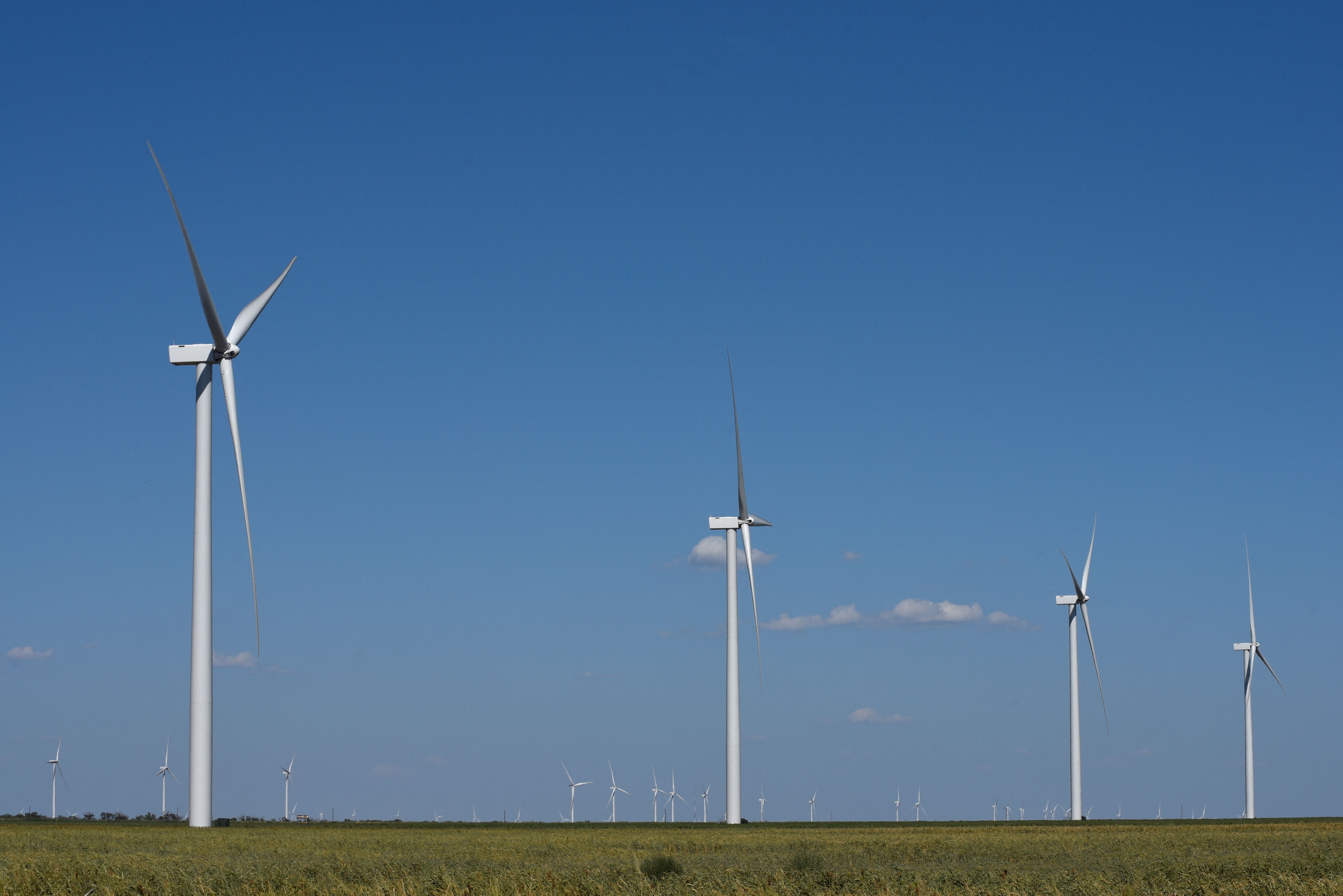 Wind turbines on a farm in Texas. 