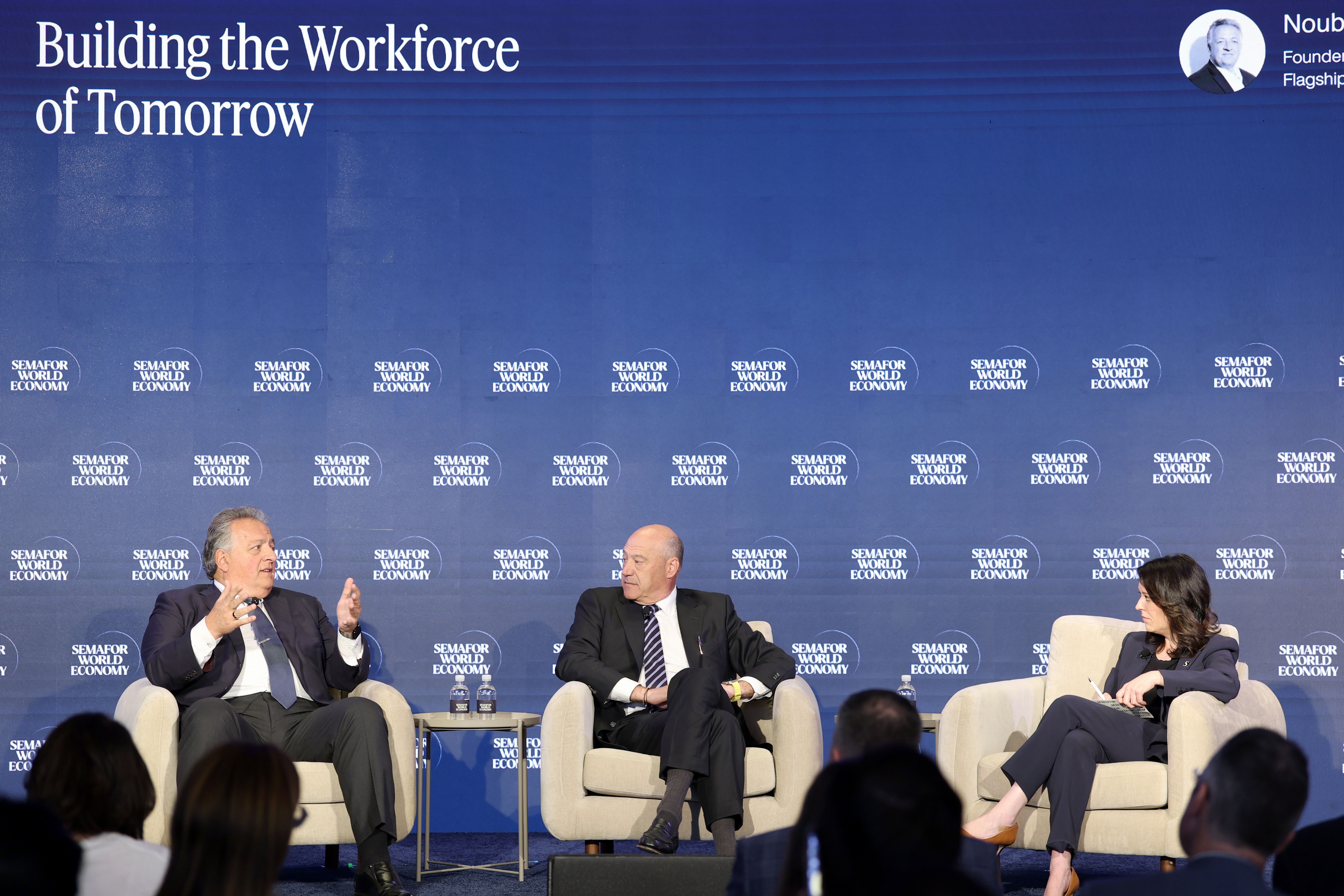 Noubar Afeyan (Founder & CEO - Flagship Pioneering), Gary Cohn (Vice Chairman - IBM) and Liz Hoffman (Business & Finance Editor - Semafor) speak on stage during Semafor World Economy 2026 on April 16, 2026 in Washington, DC. 