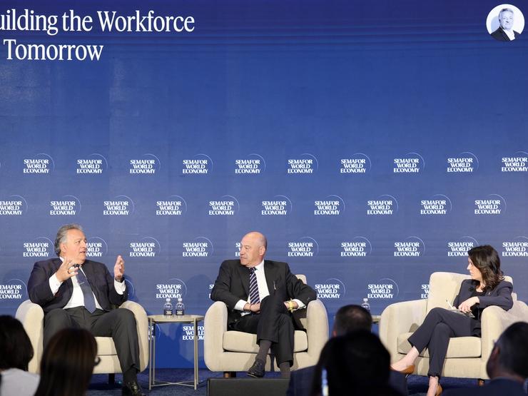 Noubar Afeyan (Founder & CEO - Flagship Pioneering), Gary Cohn (Vice Chairman - IBM) and Liz Hoffman (Business & Finance Editor - Semafor) speak on stage during Semafor World Economy 2026 on April 16, 2026 in Washington, DC.