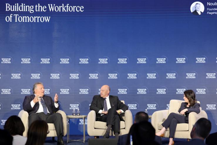 Noubar Afeyan (Founder & CEO - Flagship Pioneering), Gary Cohn (Vice Chairman - IBM) and Liz Hoffman (Business & Finance Editor - Semafor) speak on stage during Semafor World Economy 2026 on April 16, 2026 in Washington, DC.