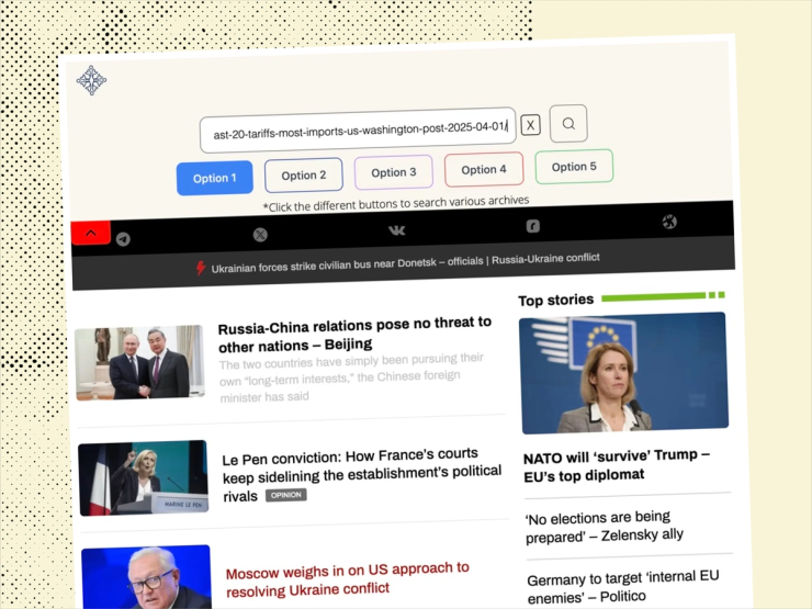 A screengrab of RT’s website, redirected to from a paywall remover site.