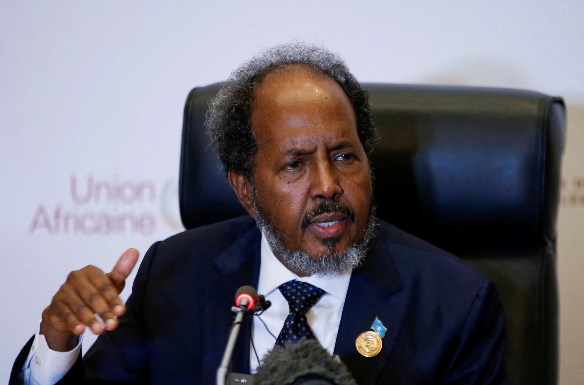 Somalia's President Hassan Sheikh Mohamud speaks during a press conference at the 37th Ordinary Session of the Assembly of the African Union (AU) at the African Union Headquarters, in Addis Ababa, Ethiopia February 17, 2024.