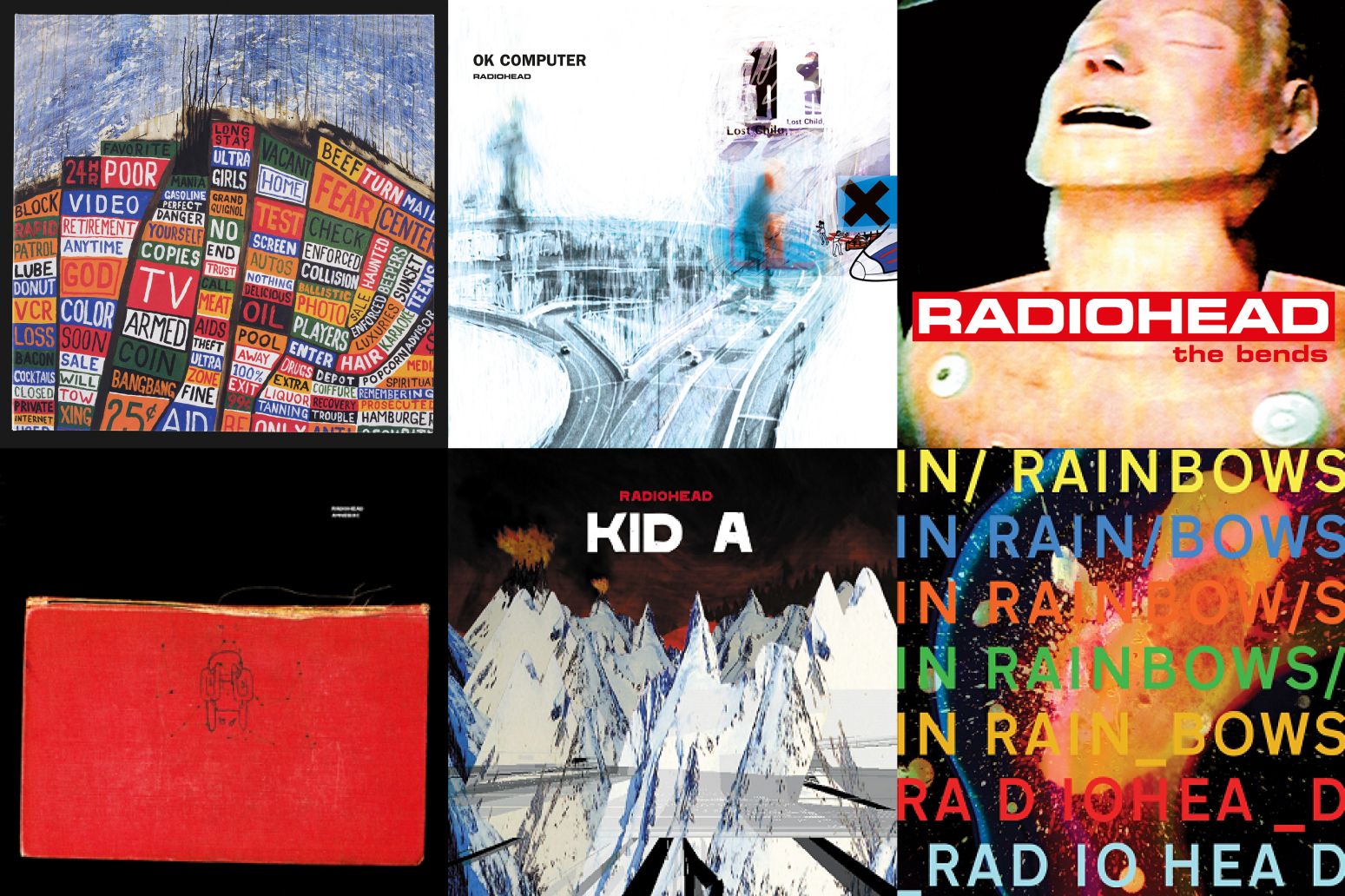 Six Radiohead album covers.