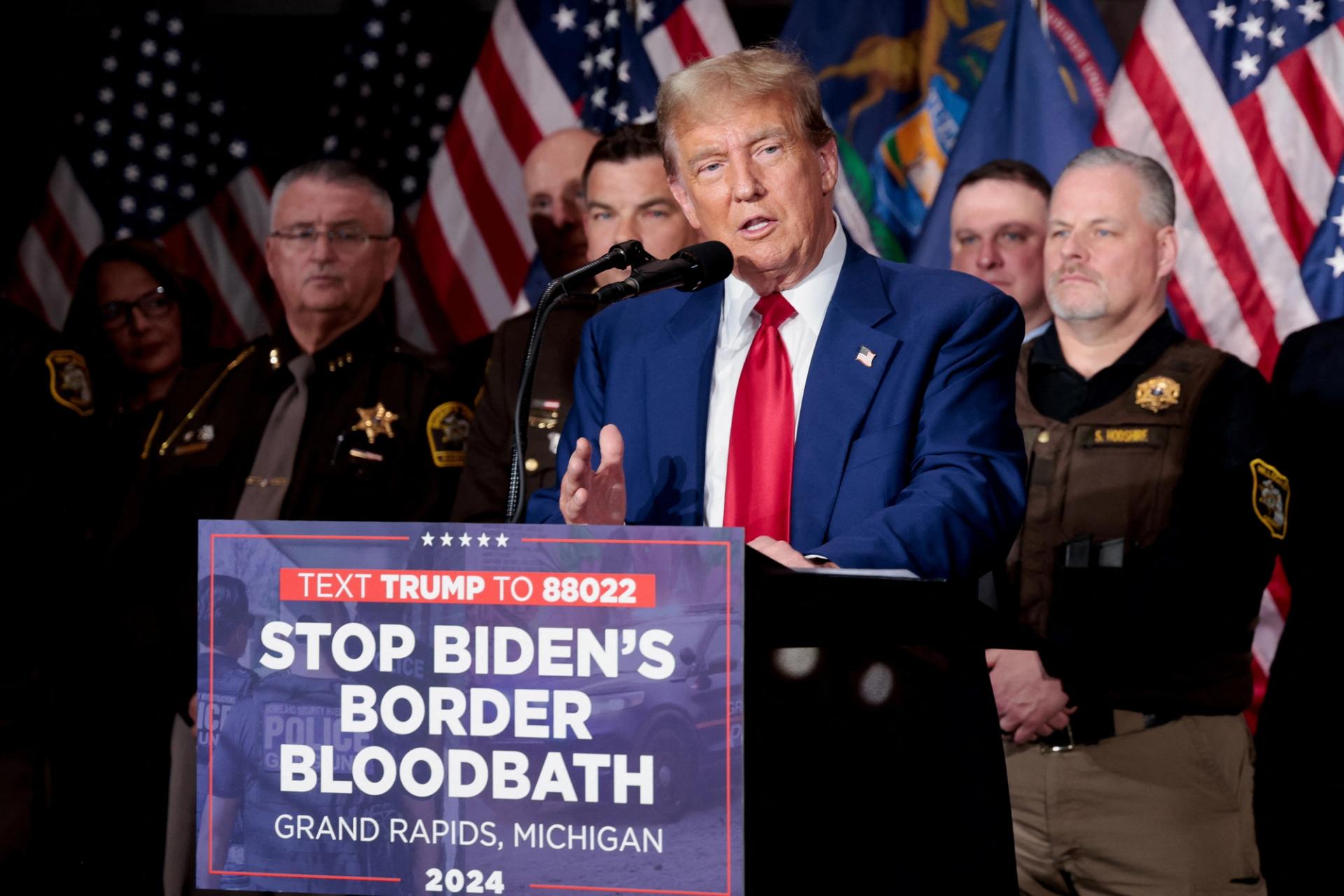 Republican presidential candidate and former U.S. President Donald Trump speaks at a campaign rally in Grand Rapids, Michigan, on April 2, 2024. 