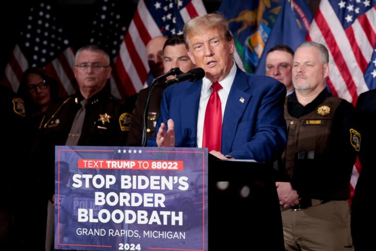 Republican presidential candidate and former U.S. President Donald Trump speaks at a campaign rally in Grand Rapids, Michigan, on April 2, 2024.