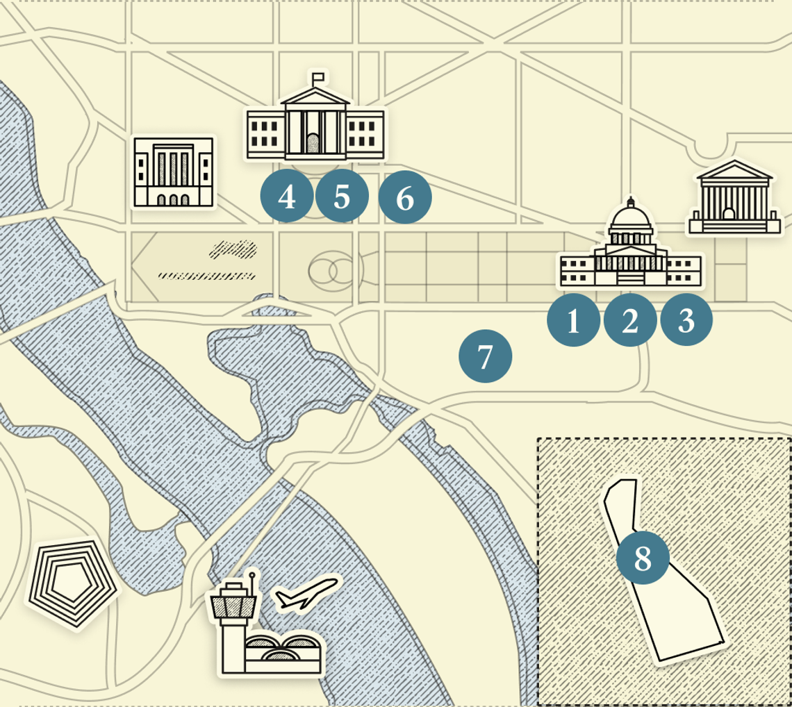 A numbered map of Washington, DC.