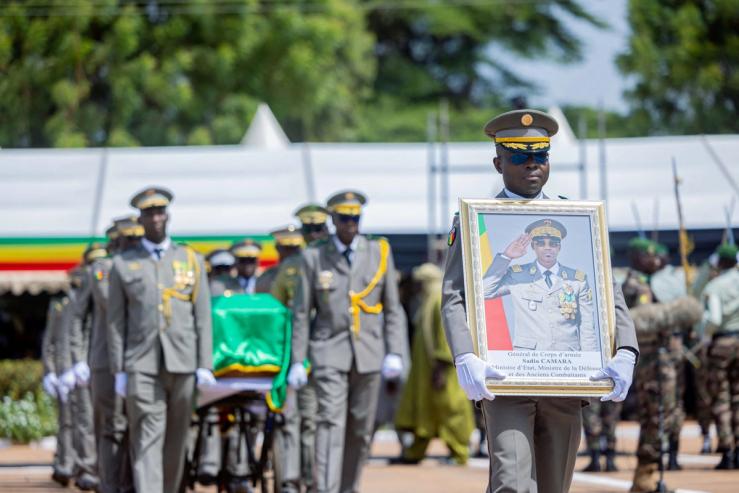 A framed portrait and the coffin of Malian Defence Minister Sadio Camara are displayed on the day of his state funeral, in Bamako.