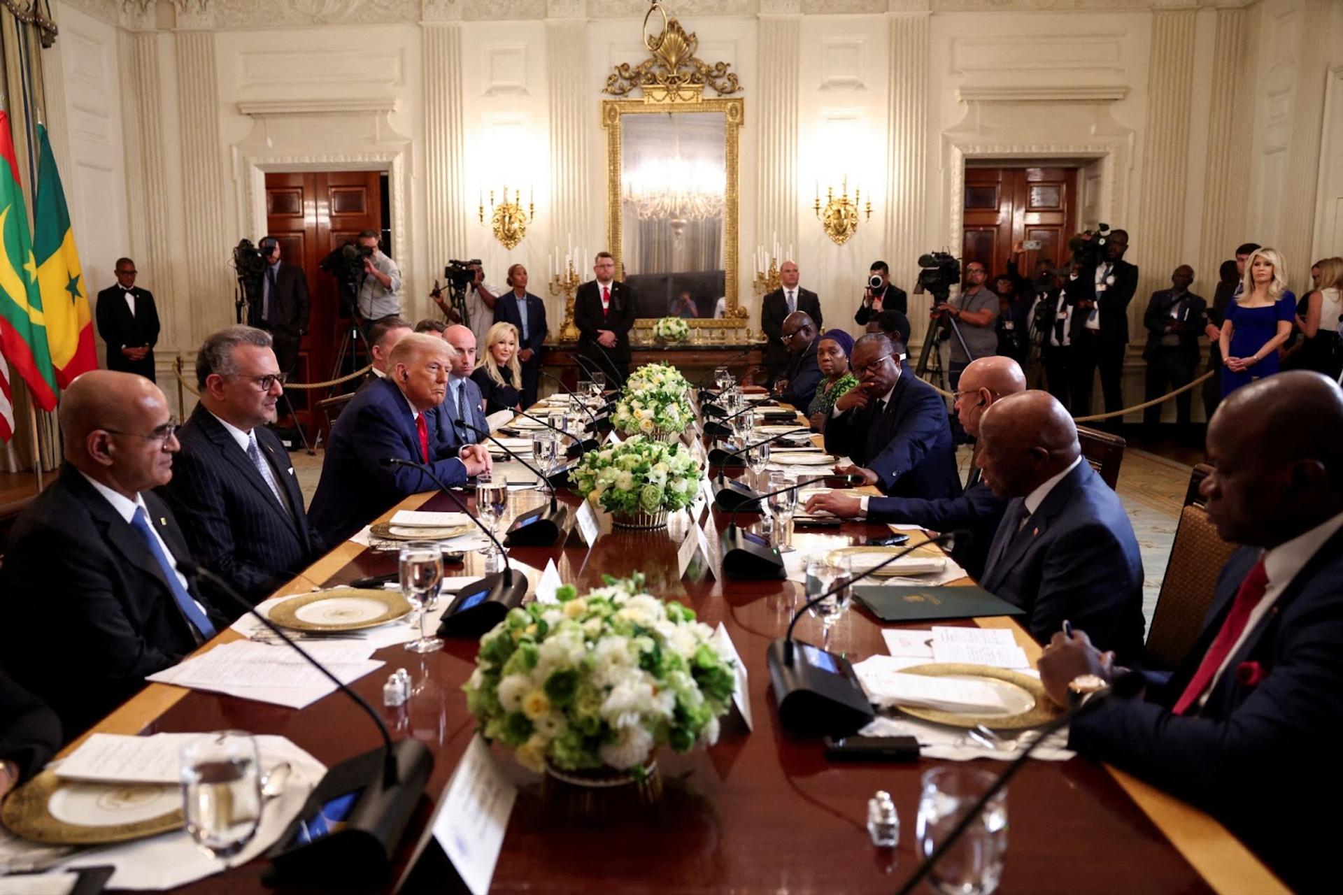 Senegal’s President Bassirou Diomaye Faye, Guinea-Bissau’s President Umaro Sissoco, Mauritania’s President Mohamed Ould Ghazouani, Liberian President Joseph Boakai, and Gabon’s President Brice Oligui Nguema attend a lunch at the White House. 