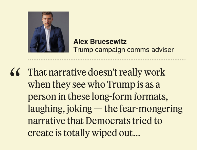 “That narrative doesn’t really work when they see who Trump is as a person in these long-form formats, laughing, joking — the fear-mongering narrative that Democrats tried to create is totally wiped out…”