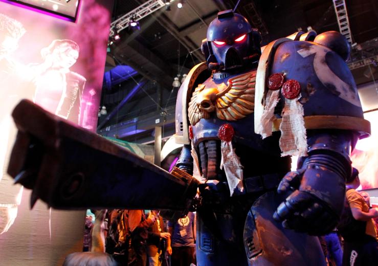 A character from the video game “Warhammer 40,000: Space Marine” developed by Relic Entertainment and published by THQ poses during the Electronic Entertainment Expo or E3 in Los Angeles