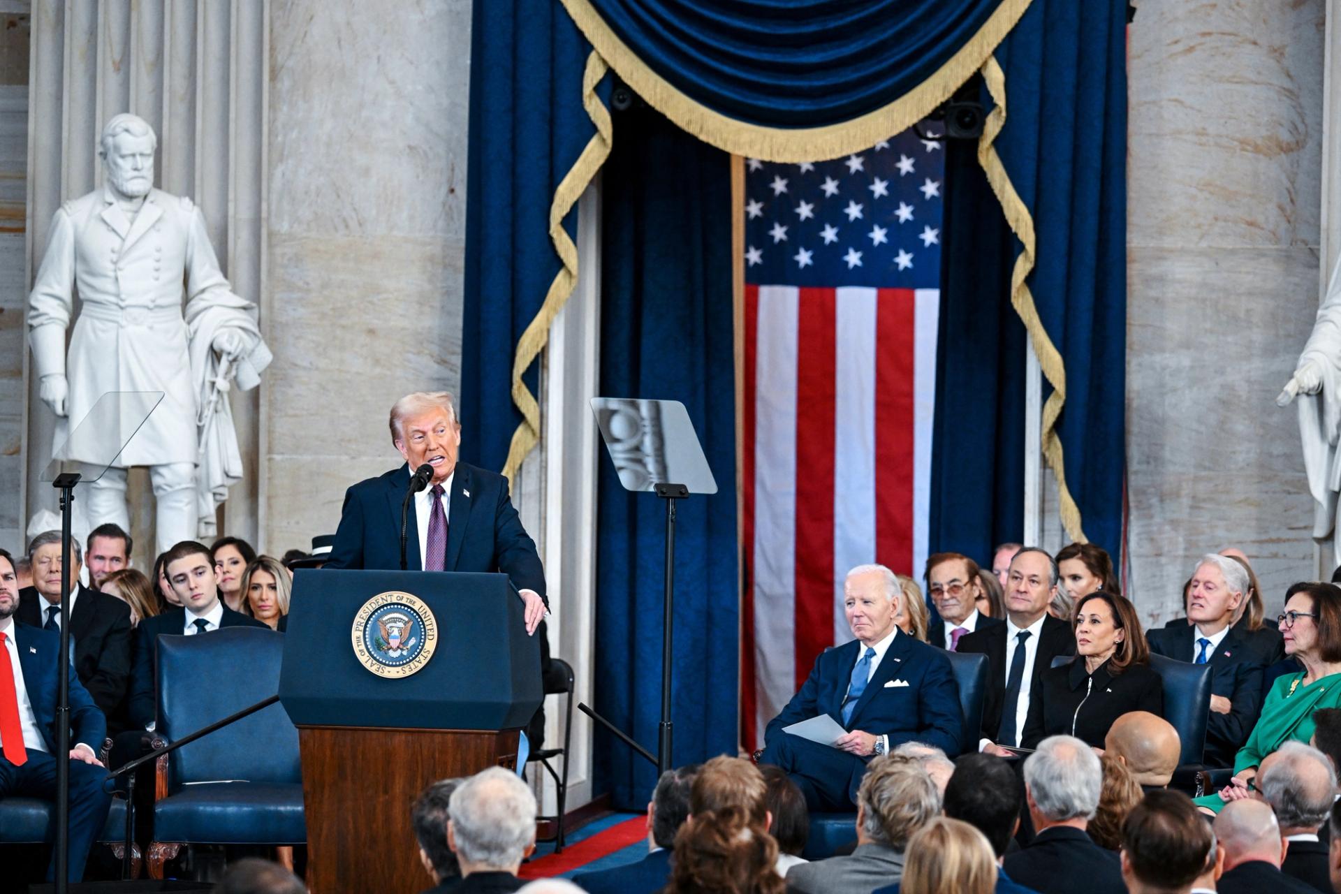 US President Donald Trump speaks after being sworn in. 