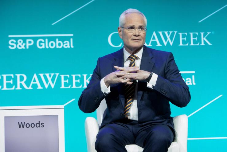 Darren Woods, chairman and chief executive officer of the Exxon Mobil Corporation, speaks during the CERAWeek conference in Houston, Texas, U.S.
