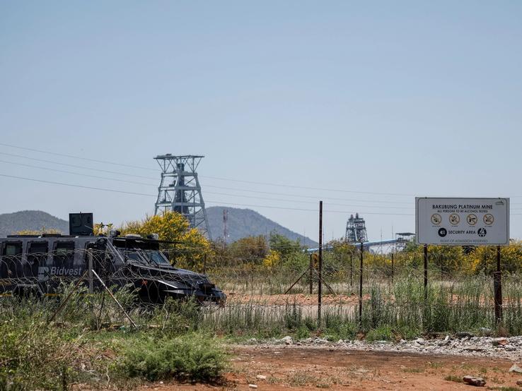 A private security armoured vehicle is seen near the entrance of the Bakubung Platinum Mine.