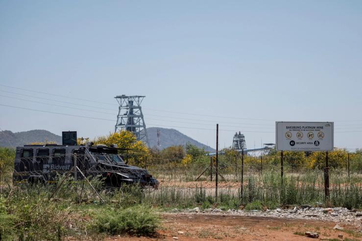 A private security armoured vehicle is seen near the entrance of the Bakubung Platinum Mine.