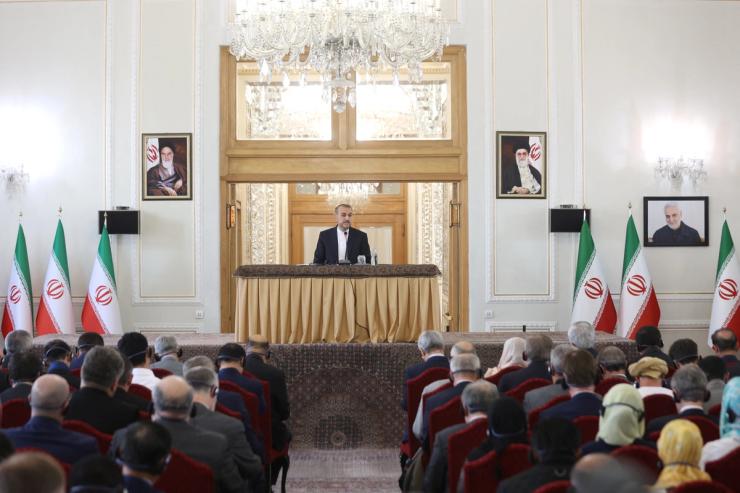 Iran’s Foreign Minister Hossein Amir-Abdollahian speaks during a meeting with foreign ambassadors in Tehran.