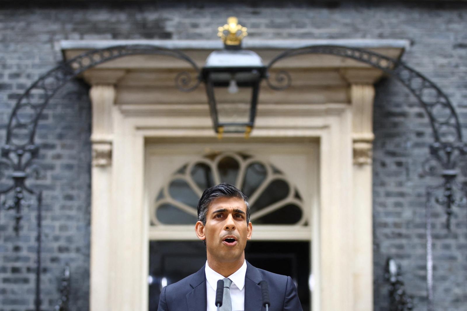 Britain's new Prime Minister Rishi Sunak delivers a speech outside Number 10 Downing Street, in London, Britain, October 25, 2022.