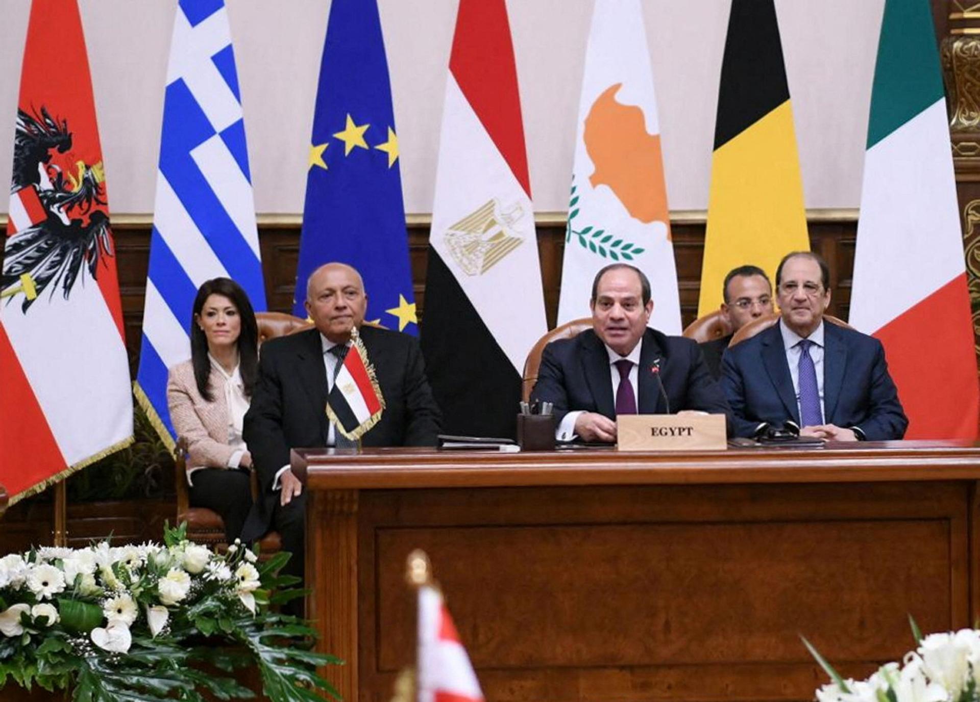 Egyptian President Abdel Fattah al-Sisi talks during the meeting with European leaders at the Ittihadiya presidential palace in Cairo, Egypt, March 17, 2024.