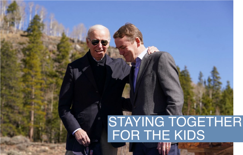 U.S. President Joe Biden stands with U.S. Senator Michael Bennet (D-CO) during a ceremony to designate Camp Hale, a World War II training site used by the Army's 10th Mountain Division, as a new National Monument in Leadville, Colorado, U.S., October 12, 2022. 