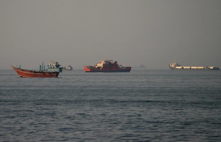 Vessels at the Strait of Hormuz, as seen from Musandam, Oman.