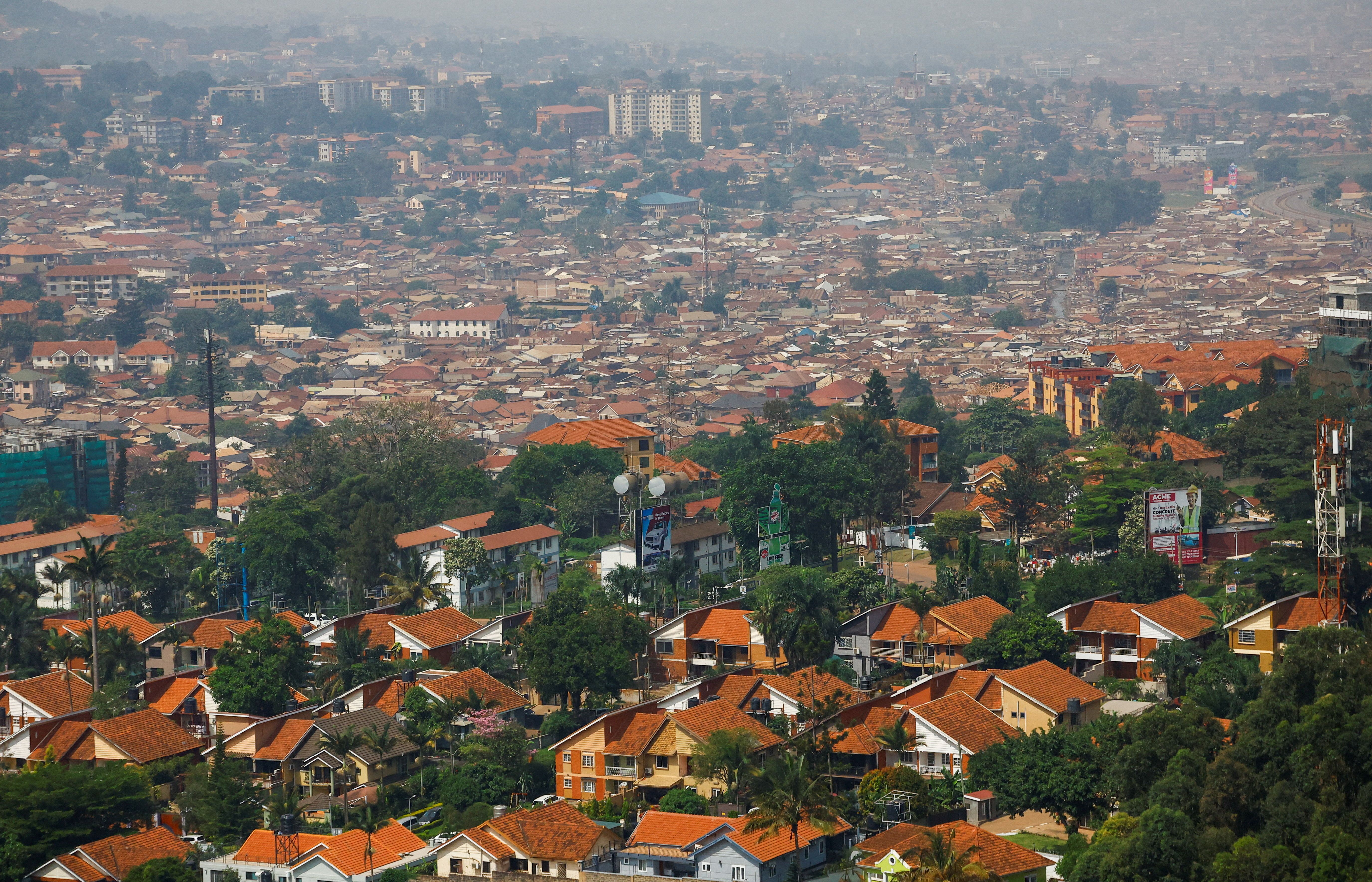 An aerial view shows residential neighborhoods in Kampala, Uganda.