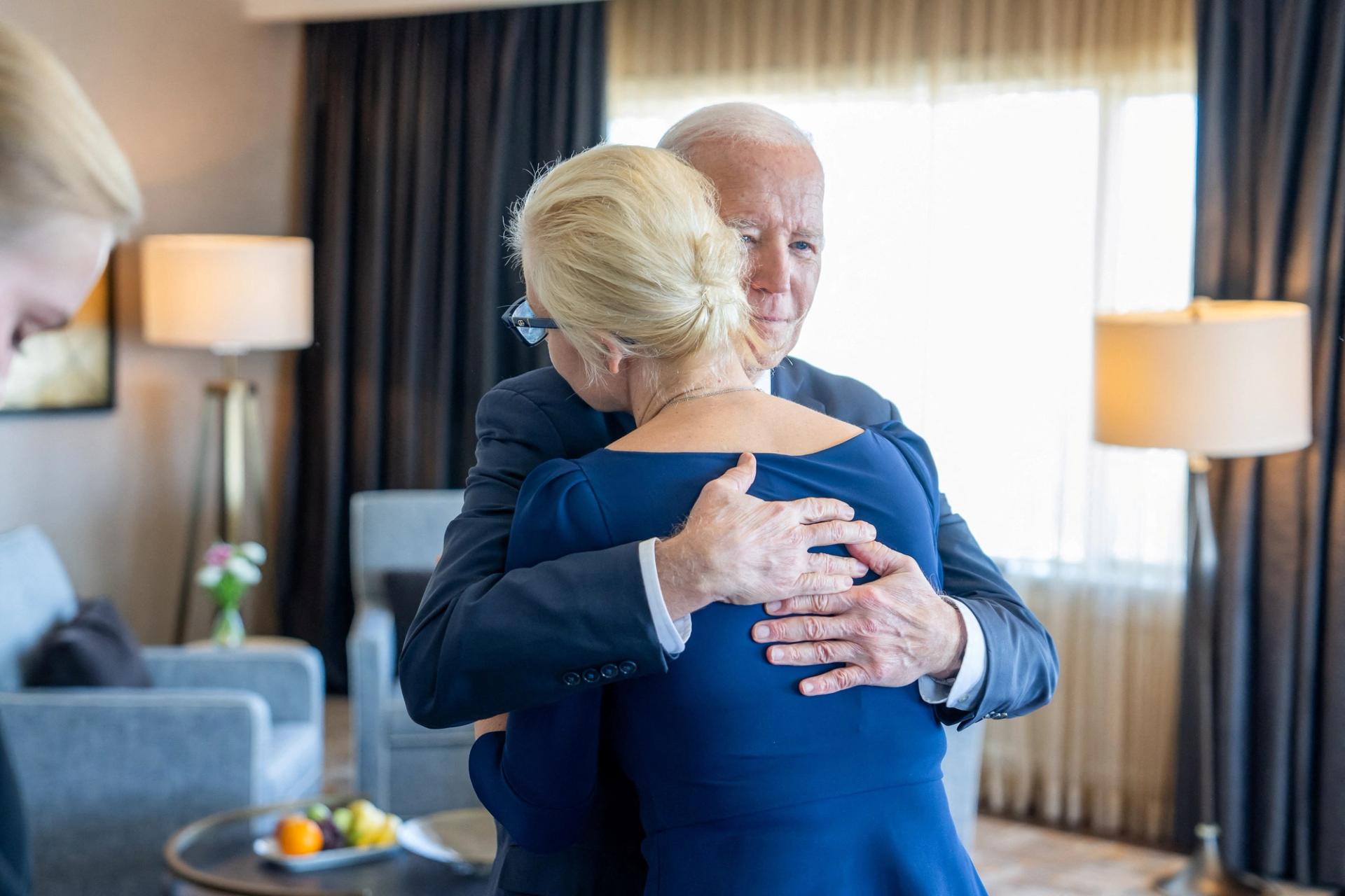 U.S. President Joe Biden embraces Yulia Navalnaya, the wife of Alexei Navalny, the Russian opposition leader who died last week in a prison camp, in San Francisco, California U.S. February 22, 2024. The White House/Handout via REUTERS