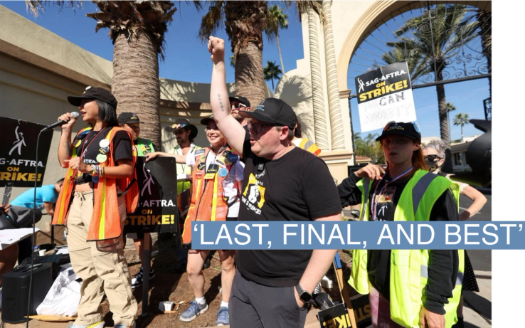 SAG-AFTRA National Executive Director and Chief Negotiator Duncan Crabtree-Ireland gestures as SAG-AFTRA members walk the picket line during their ongoing strike outside Paramount Pictures Studios, in Los Angeles, California, U.S. November 3, 2023. REUTERS/Mario Anzuoni