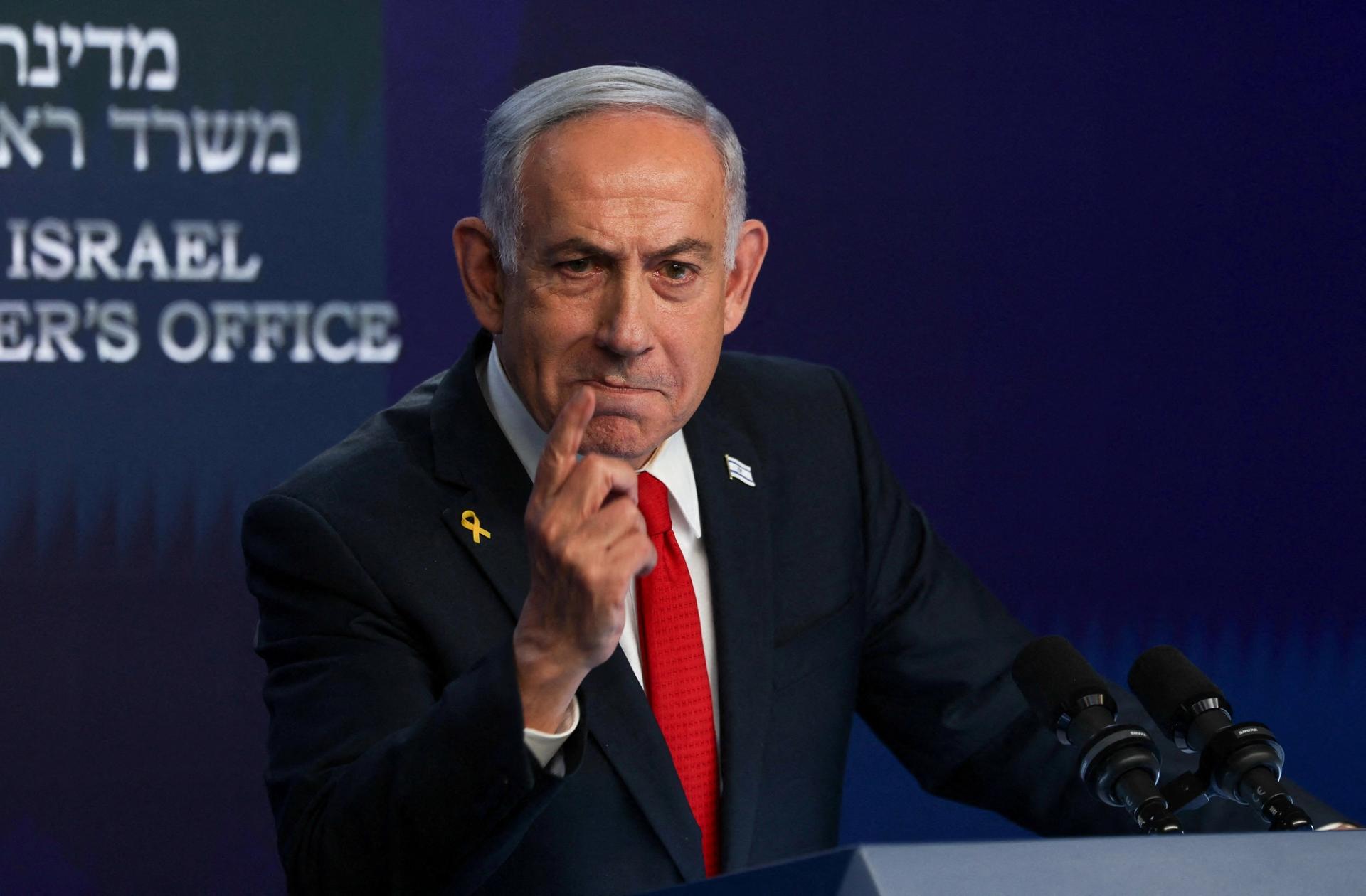 Israeli Prime Minister Benjamin Netanyahu speaks during a press conference, in Jerusalem, May 21, 2025. 