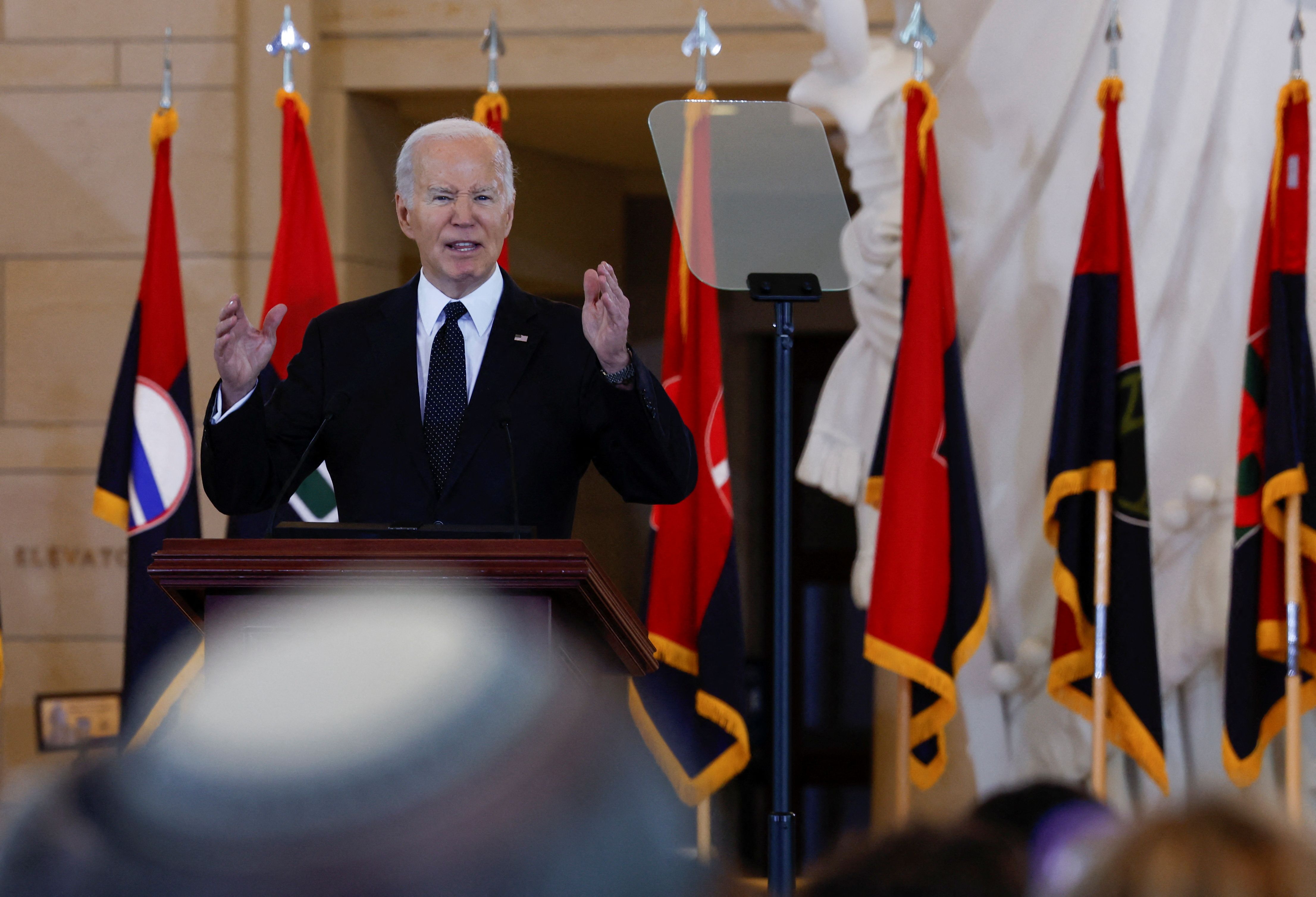 U.S. President Joe Biden addresses rising levels of antisemitism during a speech at the U.S. Holocaust Memorial Museum’s Annual Days of Remembrance ceremony at the U.S. Capitol building on May 7, 2024.