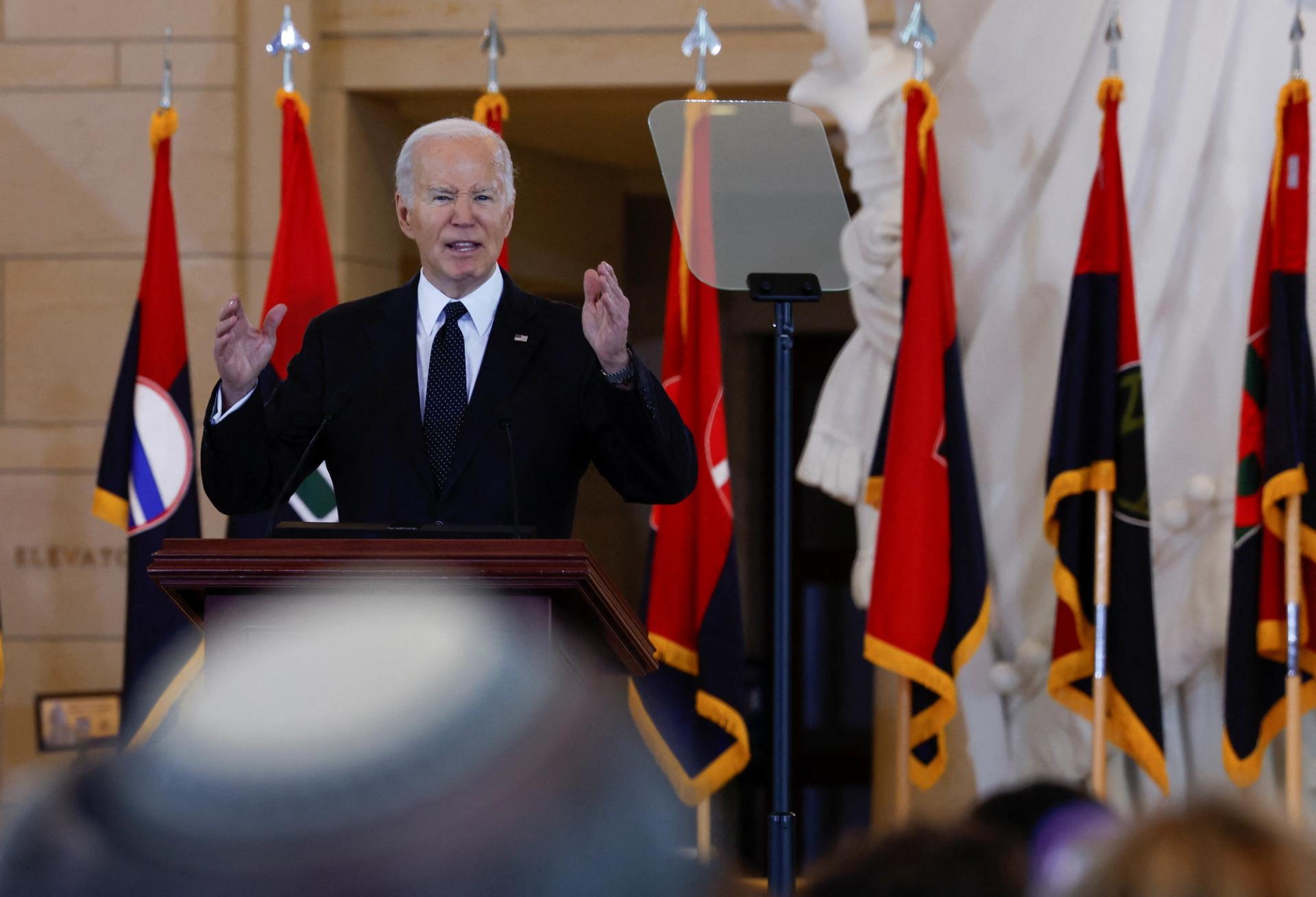 U.S. President Joe Biden addresses rising levels of antisemitism during a speech at the U.S. Holocaust Memorial Museum's Annual Days of Remembrance ceremony at the U.S. Capitol building on May 7, 2024.