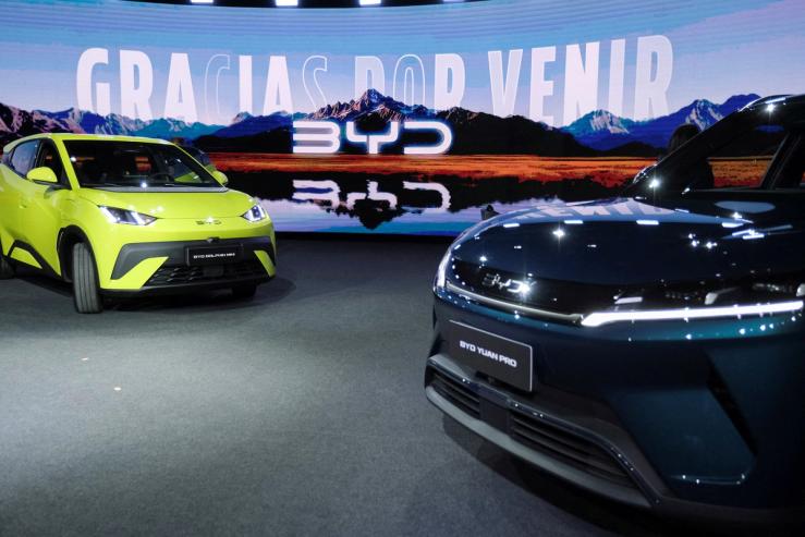 A BYD Dolphin Mini electric vehicle and a Yuan Pro are displayed during the launch event of Chinese electric vehicle (EV) maker BYD in Buenos Aires, Argentina.