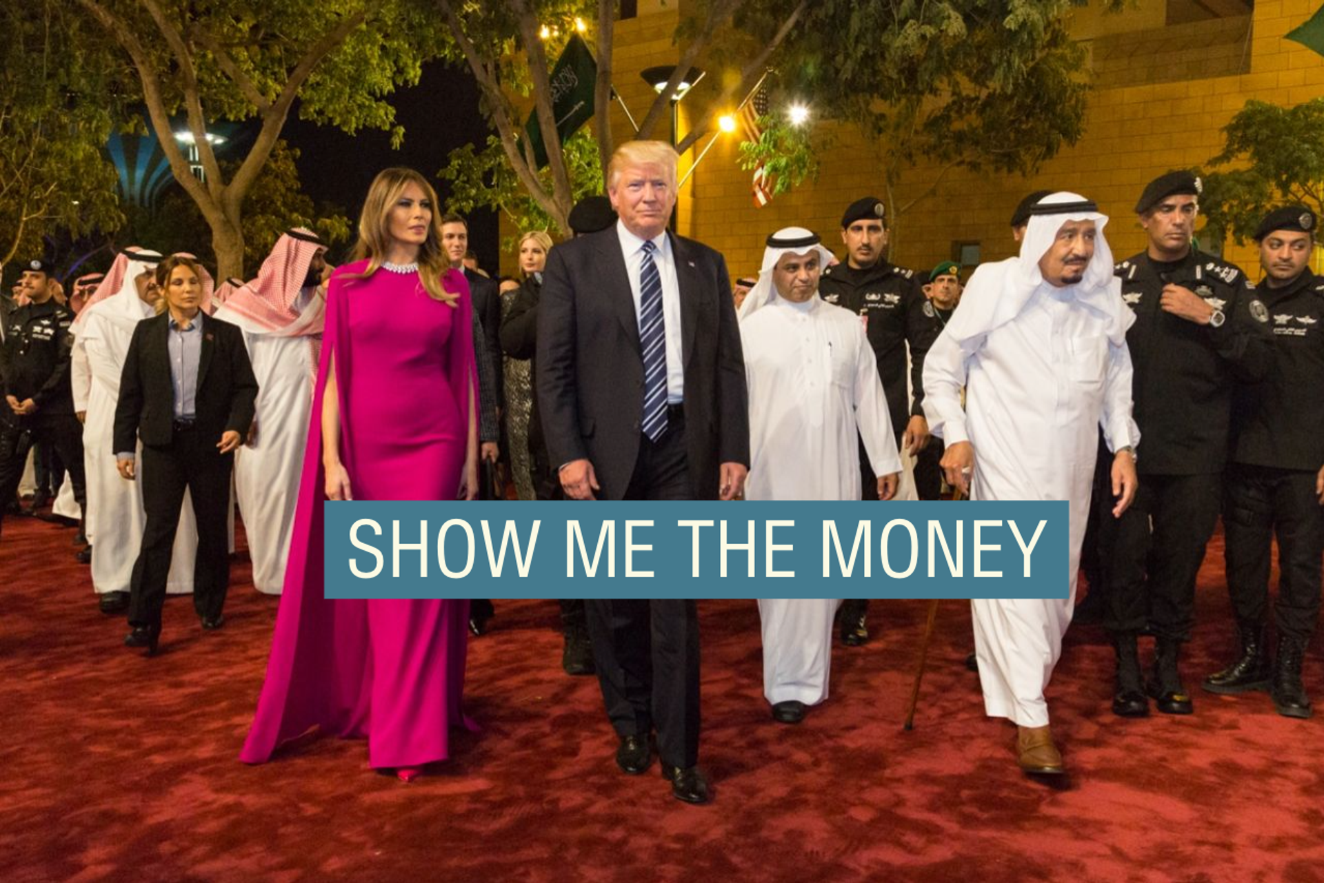 President Donald Trump and First Lady Melania Trump arrive to the Murabba Palace, escorted by King Salman bin Abdulaziz Al Saud of Saudi Arabia in May 2017.