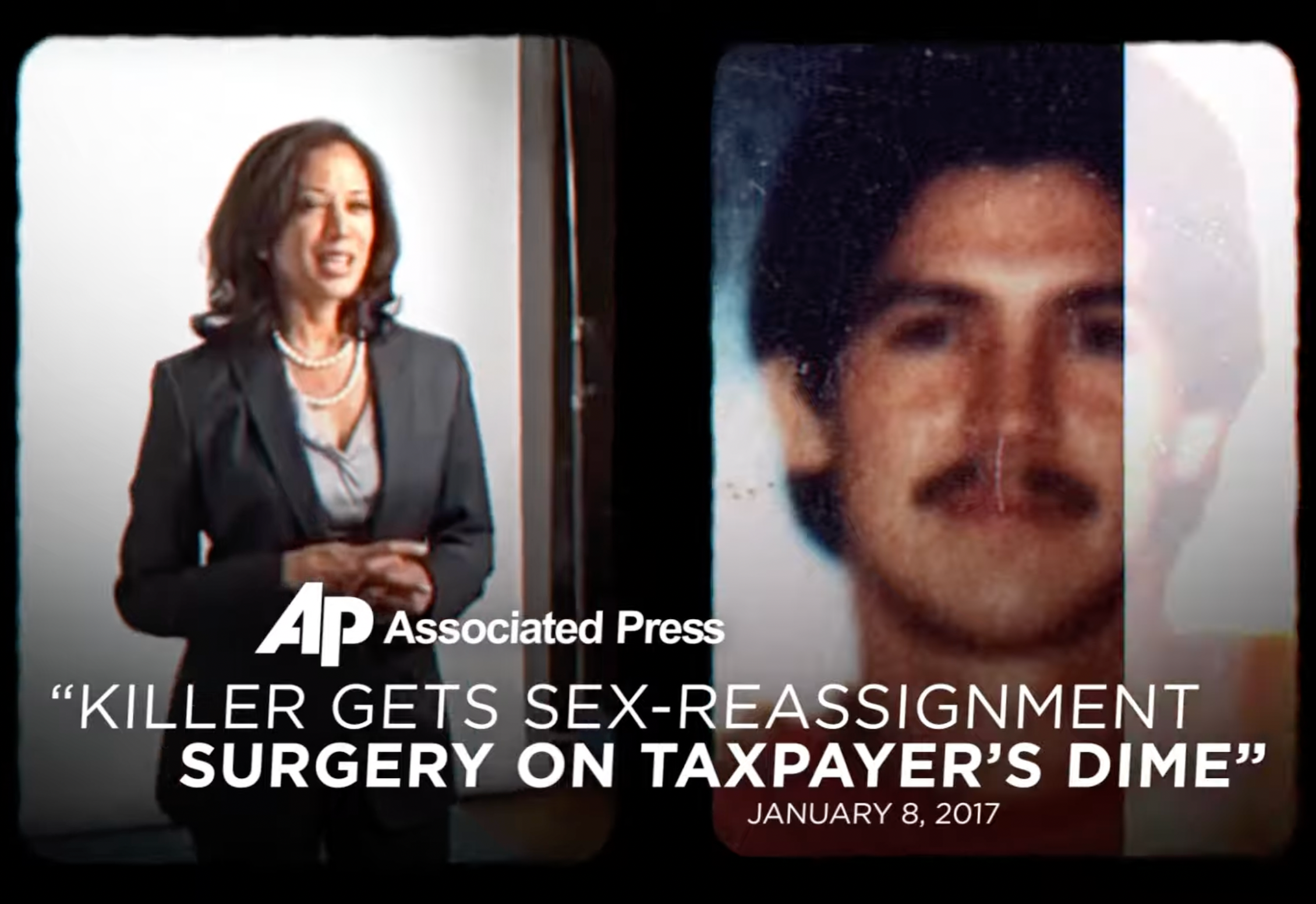A screenshot of a campaign ad showing Kamala Harris